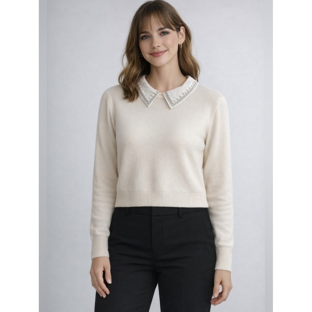 Cottagecore Dainty Layering Cream Pearl Collar Knit Long Sleeve Pullover Sweater